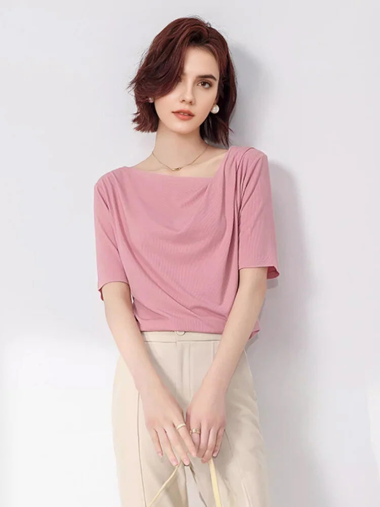 SuyaDream Women Solid T Shirt Real Silk Blend Skew Collar Summer Tee 2025 New Ribs Tops Blue Pink