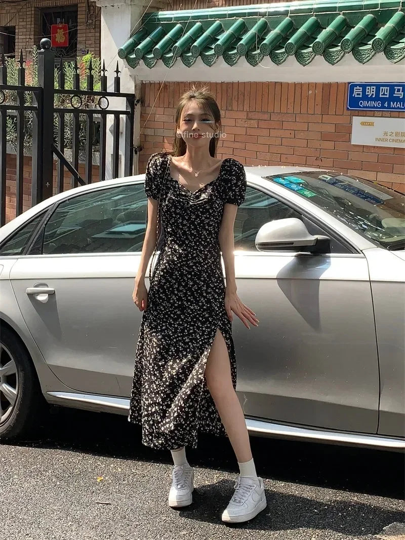 French Floral Dress for Women in Spring and Summer New Black High-end Slit Long Skirt Temperament Design Niche Tea Break