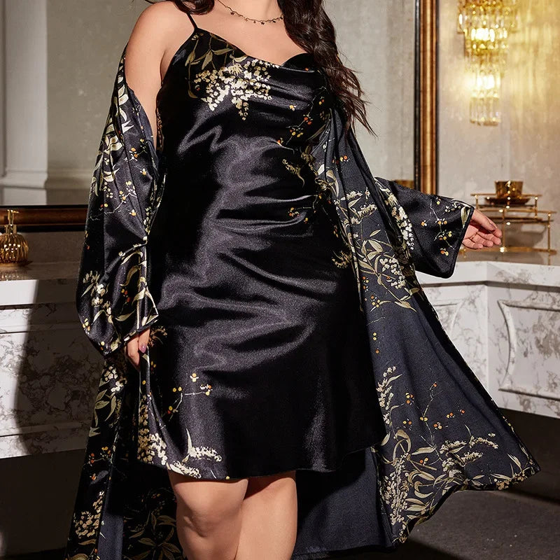Print Cherry 2PCS Robe Set Large Size 5XL Suspender Nightgown Women Sexy Kimono Bathrobe Gown Sleepwear Loose Satin Home Dress