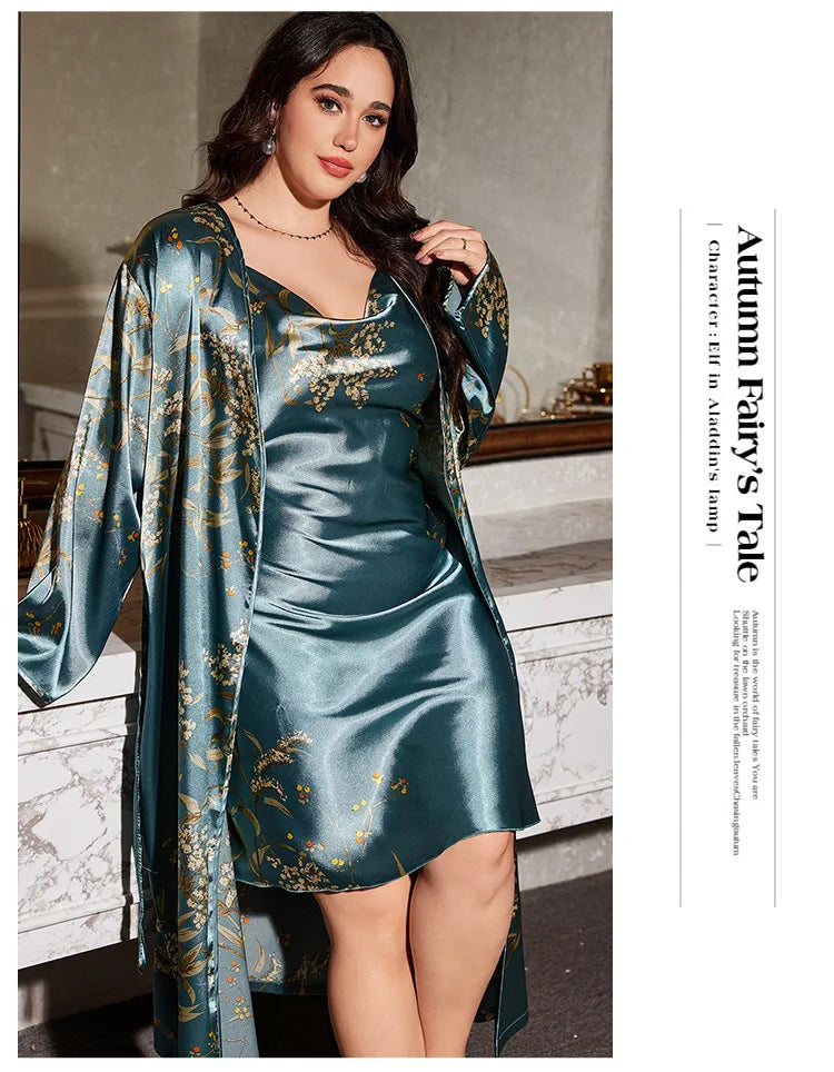 Print Cherry 2PCS Robe Set Large Size 5XL Suspender Nightgown Women Sexy Kimono Bathrobe Gown Sleepwear Loose Satin Home Dress