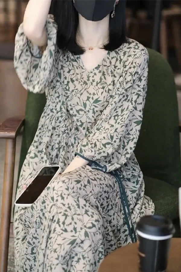 Floral Dress for Women Spring New Style 7-quarter Sleeves Chic Loose Slim Print Skirt Mid-length