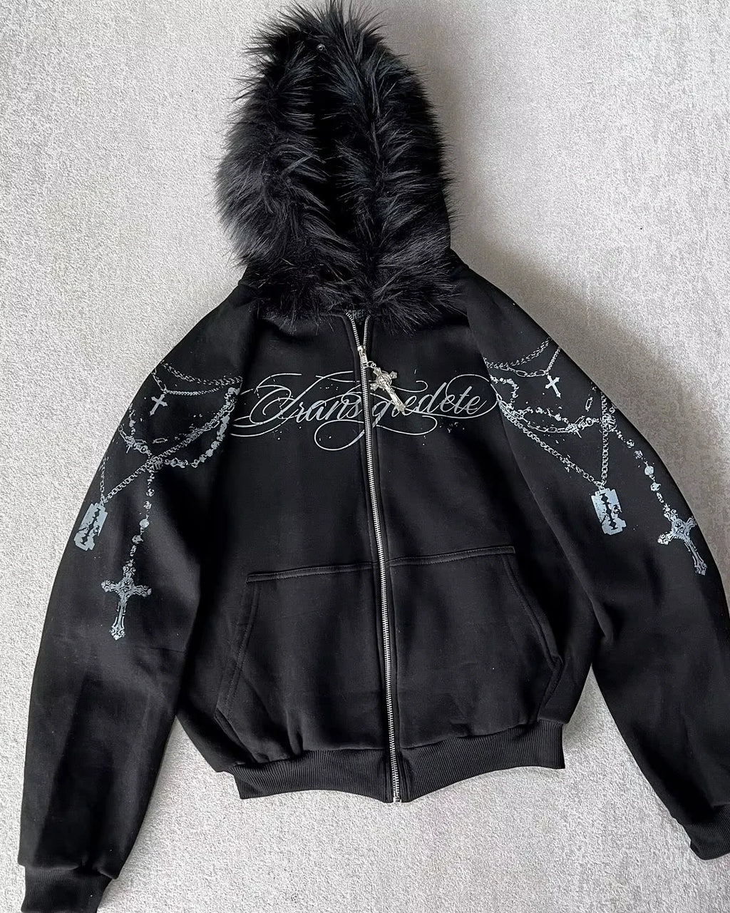 Dark Gothic Black Metal Zip Up Hoodie Distressed White Thorned Cross Gothic Text Print Oversized Cropped Unisex Streetwear