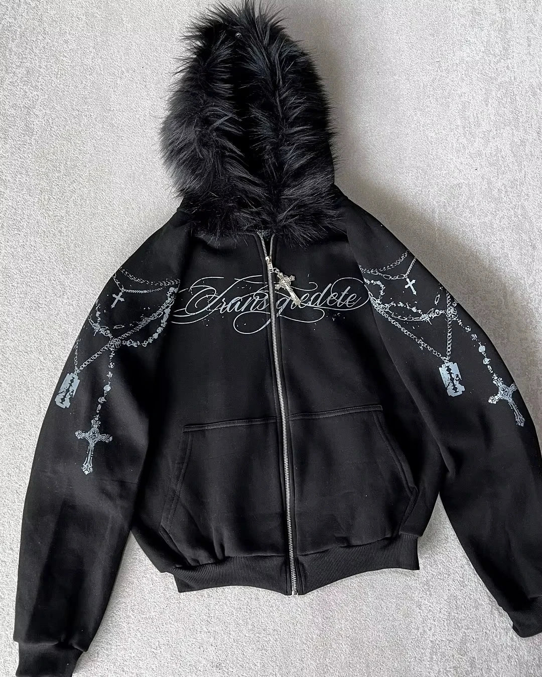 Dark Gothic Black Metal Zip Up Hoodie Distressed White Thorned Cross Gothic Text Print Oversized Cropped Unisex Streetwear
