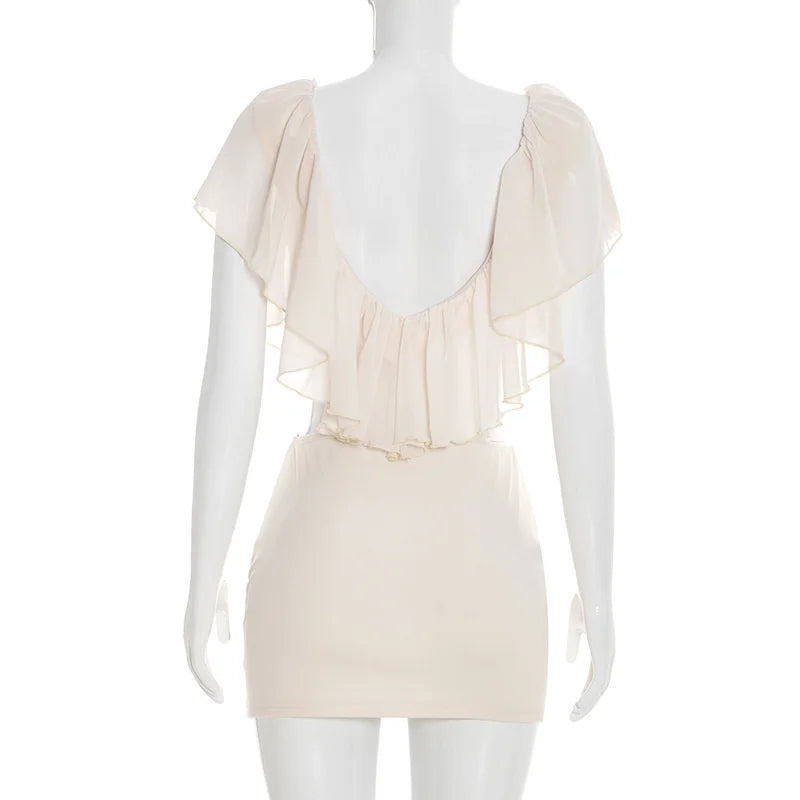 Mozision Ruffled Sexy Two Piece Set Women V Neck Sleeveless Tank Top Mini Skirt Matching Sets Female Club Party Dress Sets