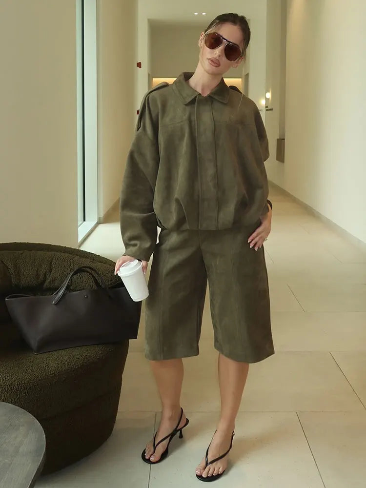 HH Spring Women Suede Coat Pant Sets Lapel Long Sleeve Zipper Jackets Casual Shorts 2025 New Fashion High Street Lady Outfit