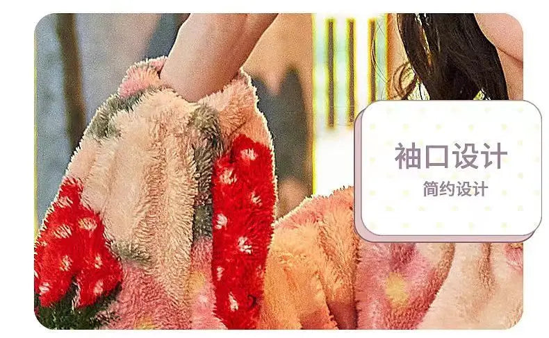 Kawaii Flannel 2025 Winter Kimono Nightgown Strawberry Cute Home Wear for Women Sleepwear Warm Bathrobe Cartoon Hooded Long Robe