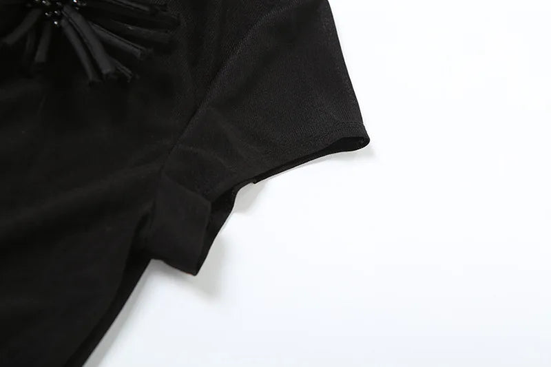 BOOFEENAA Sexy Mesh Sheer Black Shirts & Blouses 3d Flower Appliques Turtleneck Short Sleeve Crop Tops Cardigan C83-DE16