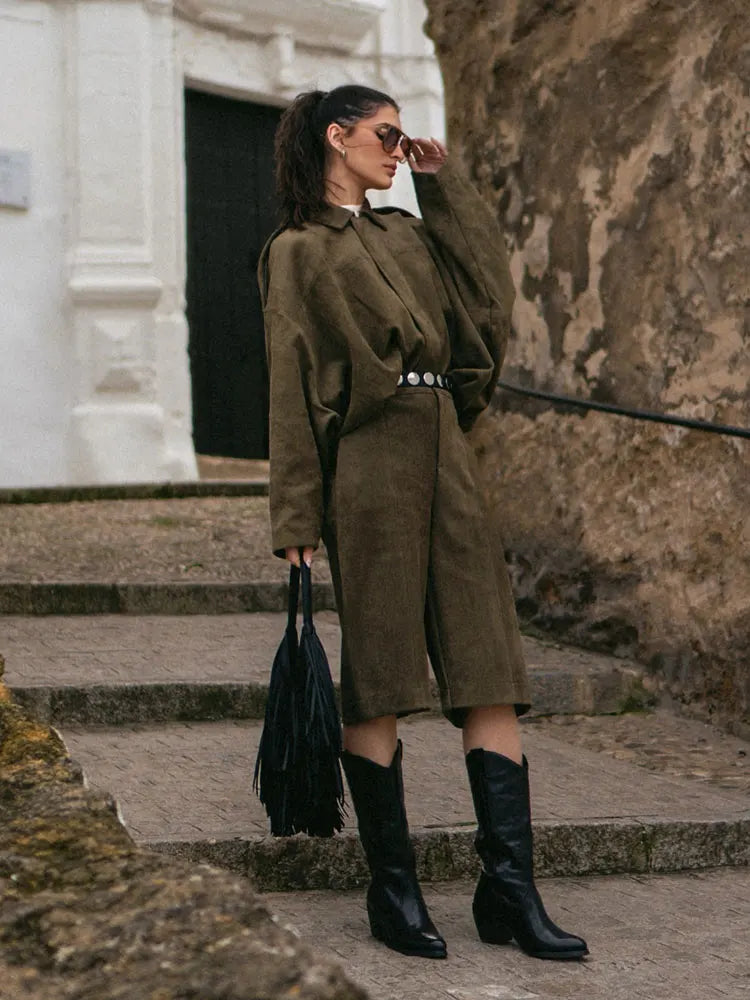 HH Spring Women Suede Coat Pant Sets Lapel Long Sleeve Zipper Jackets Casual Shorts 2025 New Fashion High Street Lady Outfit