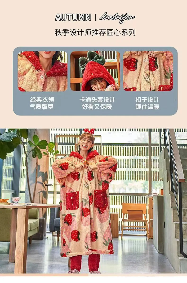 Kawaii Flannel 2025 Winter Kimono Nightgown Strawberry Cute Home Wear for Women Sleepwear Warm Bathrobe Cartoon Hooded Long Robe