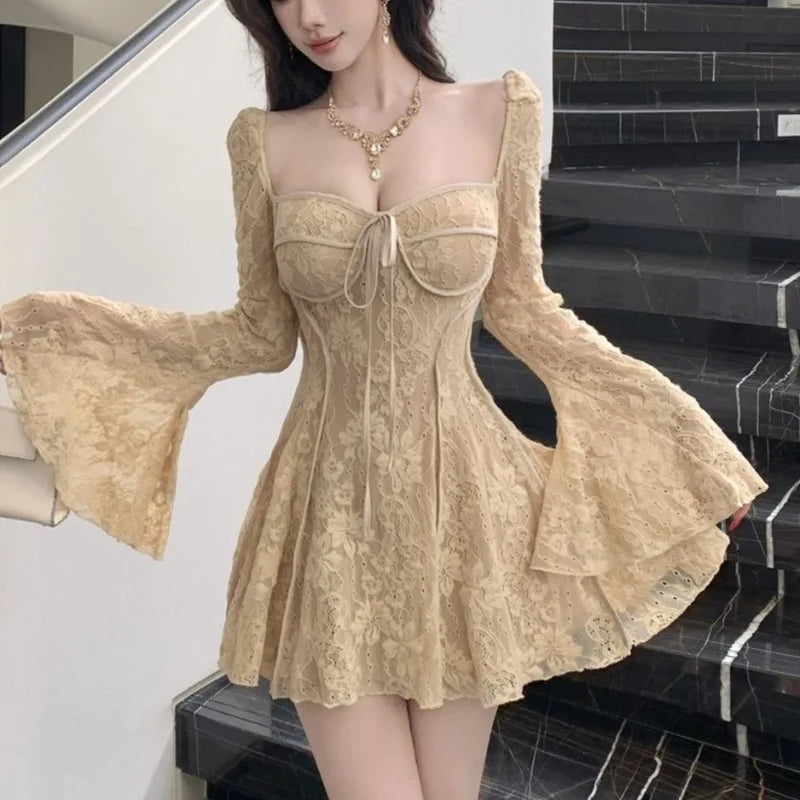 Lace Dresses For Women Flare Sleeve Solid Birthday Party Sexy Vestidos Mujer Spring Autumn Korean Fashion Mini Dress