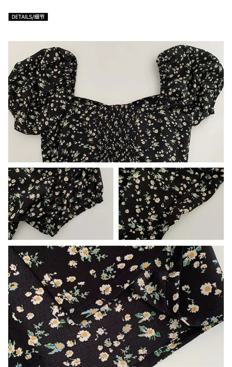 French Floral Dress for Women in Spring and Summer New Black High-end Slit Long Skirt Temperament Design Niche Tea Break