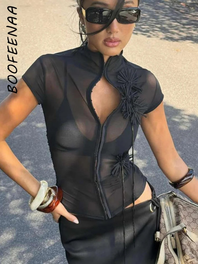 BOOFEENAA Sexy Mesh Sheer Black Shirts & Blouses 3d Flower Appliques Turtleneck Short Sleeve Crop Tops Cardigan C83-DE16