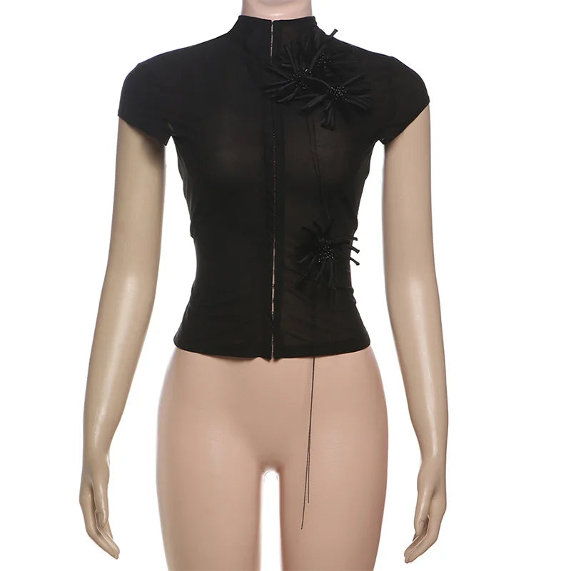 BOOFEENAA Sexy Mesh Sheer Black Shirts & Blouses 3d Flower Appliques Turtleneck Short Sleeve Crop Tops Cardigan C83-DE16