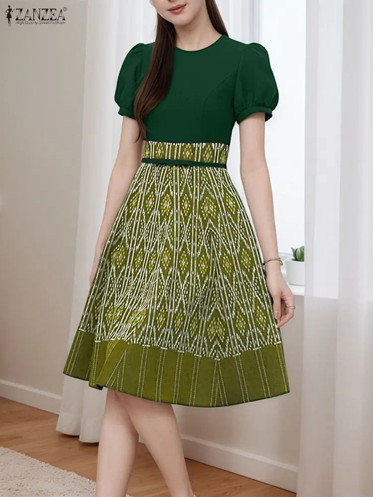 ZANZEA Vintage Summer Dresses Women Elegant Party Vestido 2025 Short Sleeve Long Shirt Robe Puff Sleeve Printing A-Line Sundress