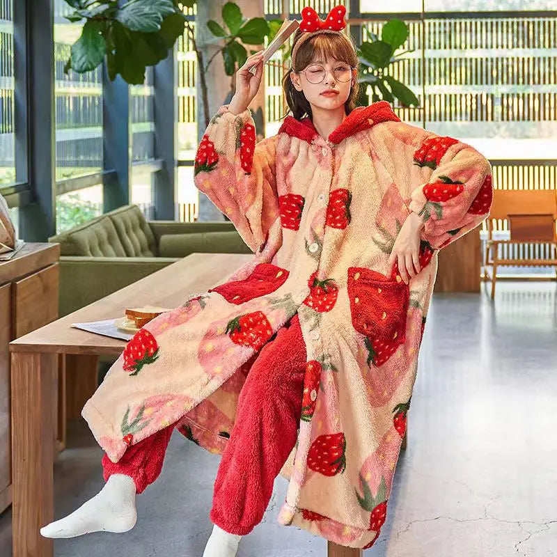 Kawaii Flannel 2025 Winter Kimono Nightgown Strawberry Cute Home Wear for Women Sleepwear Warm Bathrobe Cartoon Hooded Long Robe