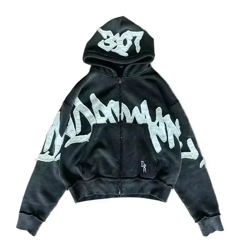 American Hip Hop Joker Pattern Embroidered Zipper Hoodie Women Street Y2K New Punk Fleece Padded Sweatshirt Unisex Casual Hoodie