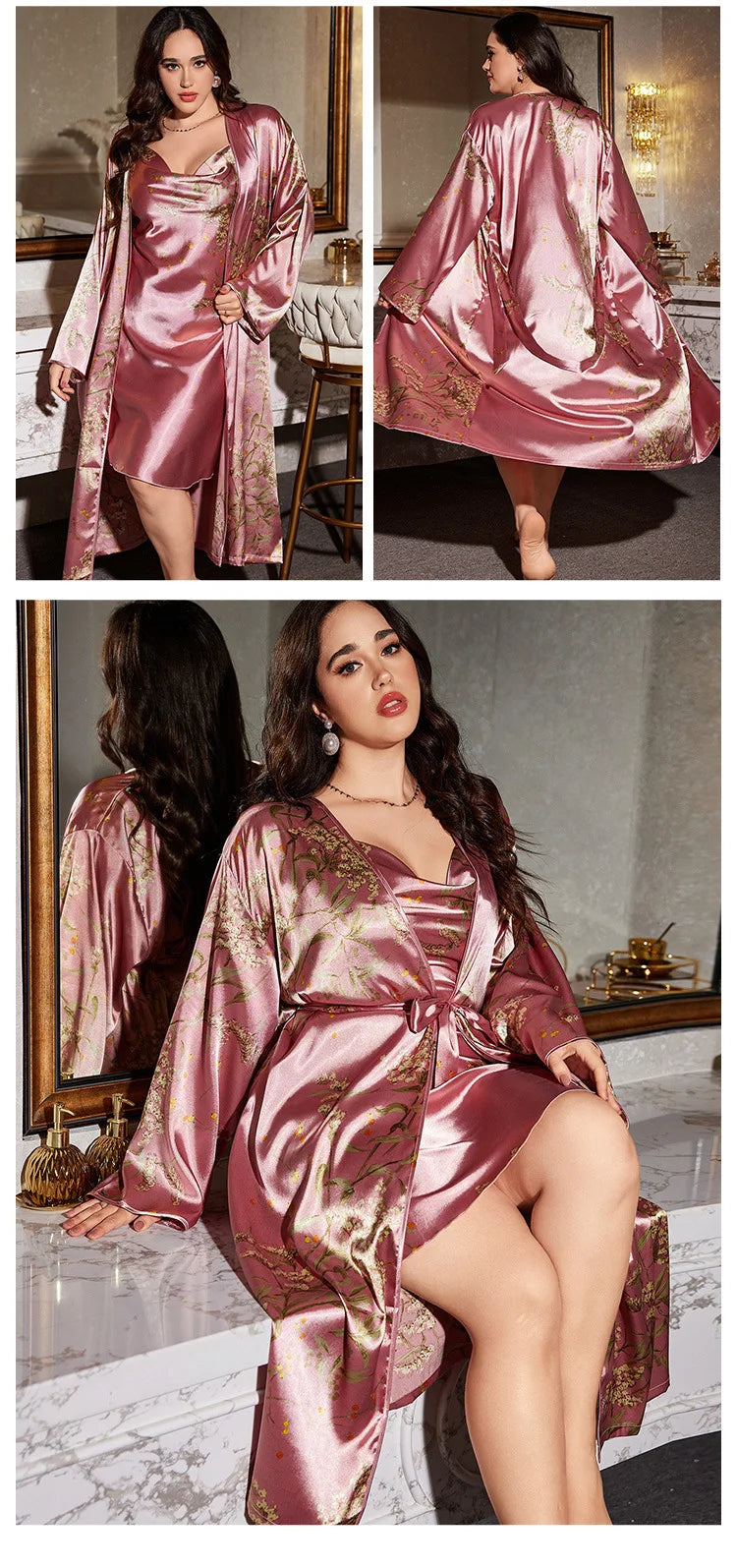 Print Cherry 2PCS Robe Set Large Size 5XL Suspender Nightgown Women Sexy Kimono Bathrobe Gown Sleepwear Loose Satin Home Dress