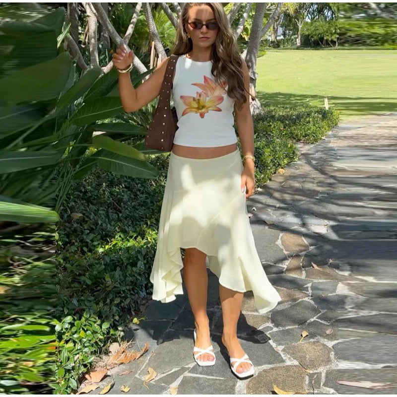 High Waist Asymmetrical Hem Midi Skirt Ruffle Flowy Irregular Hem A Line Skirts 2026 Summer Elegant Casual Vacation Chic Outwear