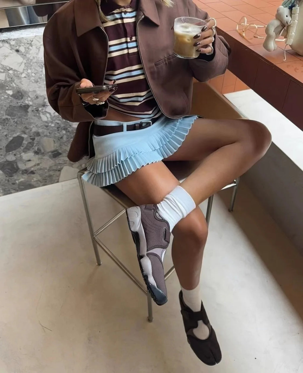 Summer Ladies Polo Shirts Woman Long Sleeve Crop Tops Striped Vintage Clothes Polo Shirts Mujer Streetwear Casual Tops Brown