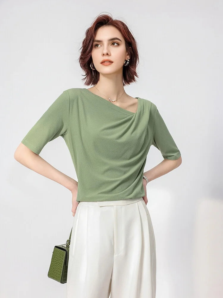SuyaDream Women Solid T Shirt Real Silk Blend Skew Collar Summer Tee 2025 New Ribs Tops Blue Pink