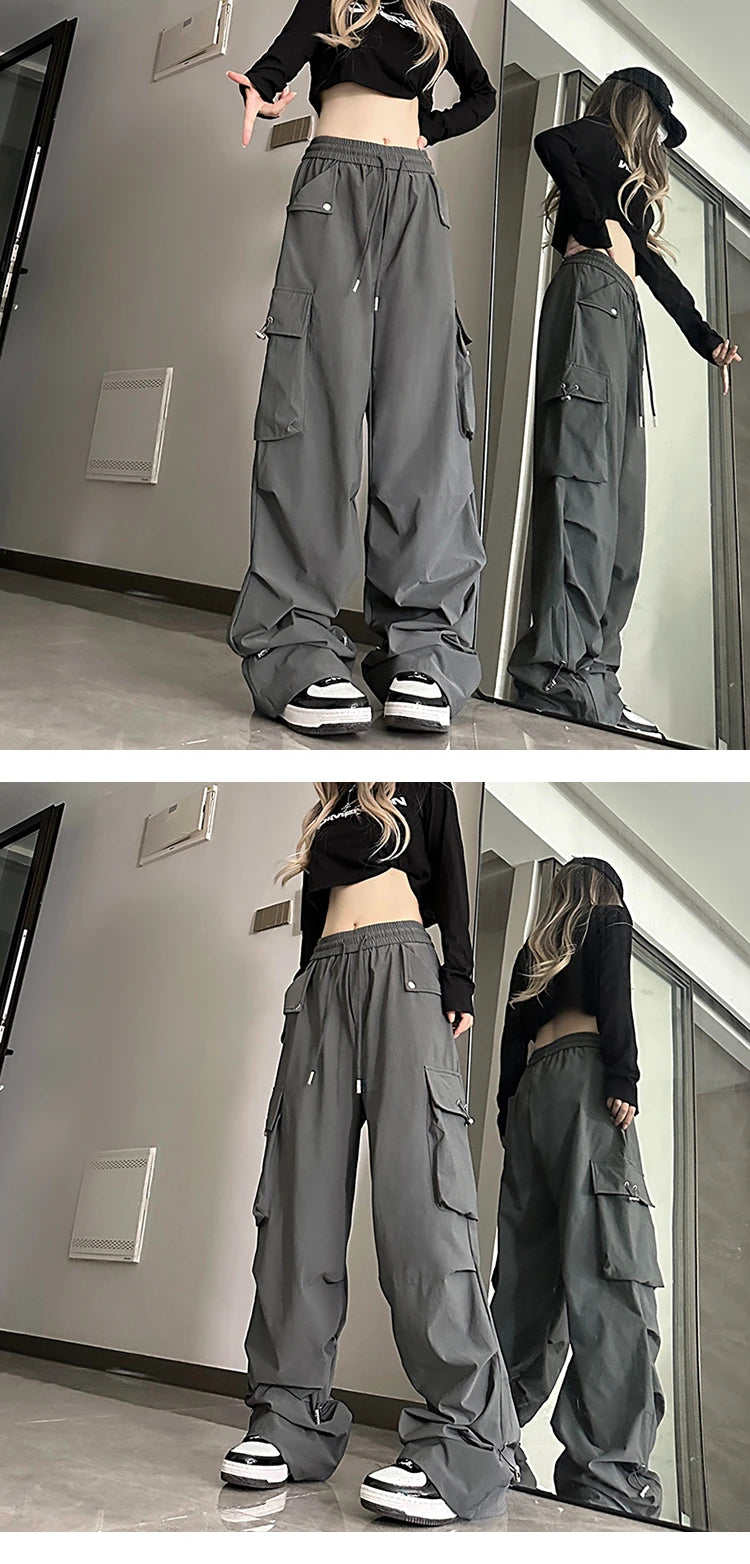 2024 American style large pocket cargo pants women's spring summer new style wide leg pants loose slimming casual sports pants