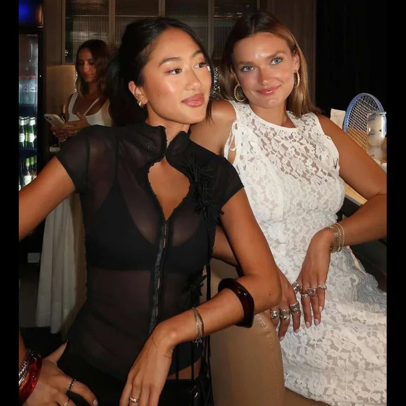 BOOFEENAA Sexy Mesh Sheer Black Shirts & Blouses 3d Flower Appliques Turtleneck Short Sleeve Crop Tops Cardigan C83-DE16