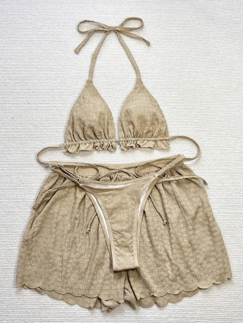 Ruffled Firlled Halter Bikini Women Swimwear Female Swimsuit Three-pieces Bikini Set with Shorts Bather Bathing Suit Women