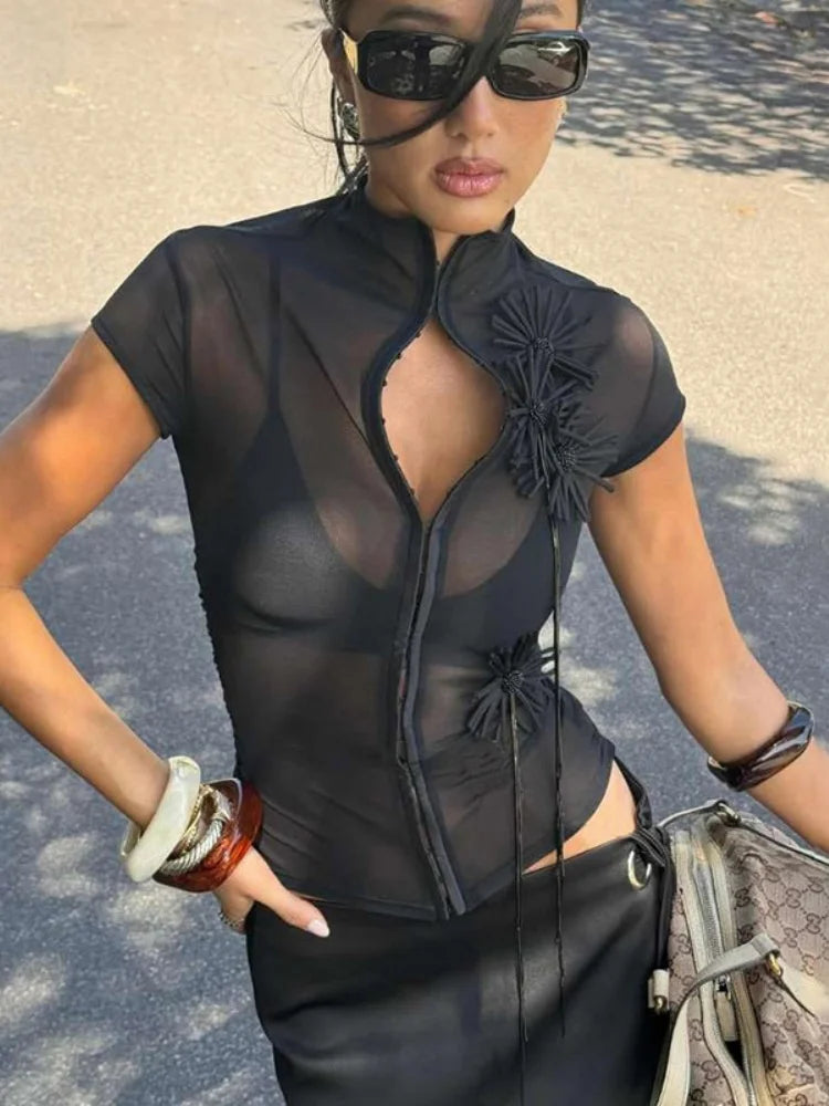 BOOFEENAA Sexy Mesh Sheer Black Shirts & Blouses 3d Flower Appliques Turtleneck Short Sleeve Crop Tops Cardigan C83-DE16