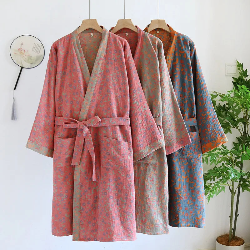 Multi Colors Kimono Bathrobe Women's Pajamas Clothing for Spring and Summer Cotton Loose Home Sleepwear Kimono Robes with Belt