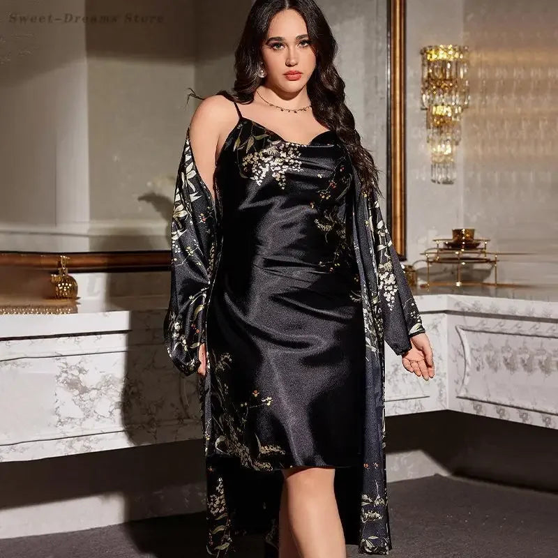 Print Cherry 2PCS Robe Set Large Size 5XL Suspender Nightgown Women Sexy Kimono Bathrobe Gown Sleepwear Loose Satin Home Dress