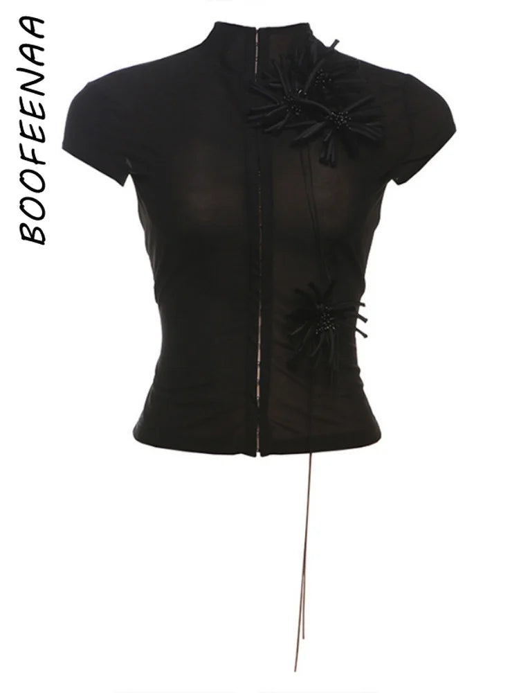 BOOFEENAA Sexy Mesh Sheer Black Shirts & Blouses 3d Flower Appliques Turtleneck Short Sleeve Crop Tops Cardigan C83-DE16