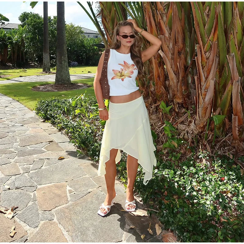 High Waist Asymmetrical Hem Midi Skirt Ruffle Flowy Irregular Hem A Line Skirts 2026 Summer Elegant Casual Vacation Chic Outwear