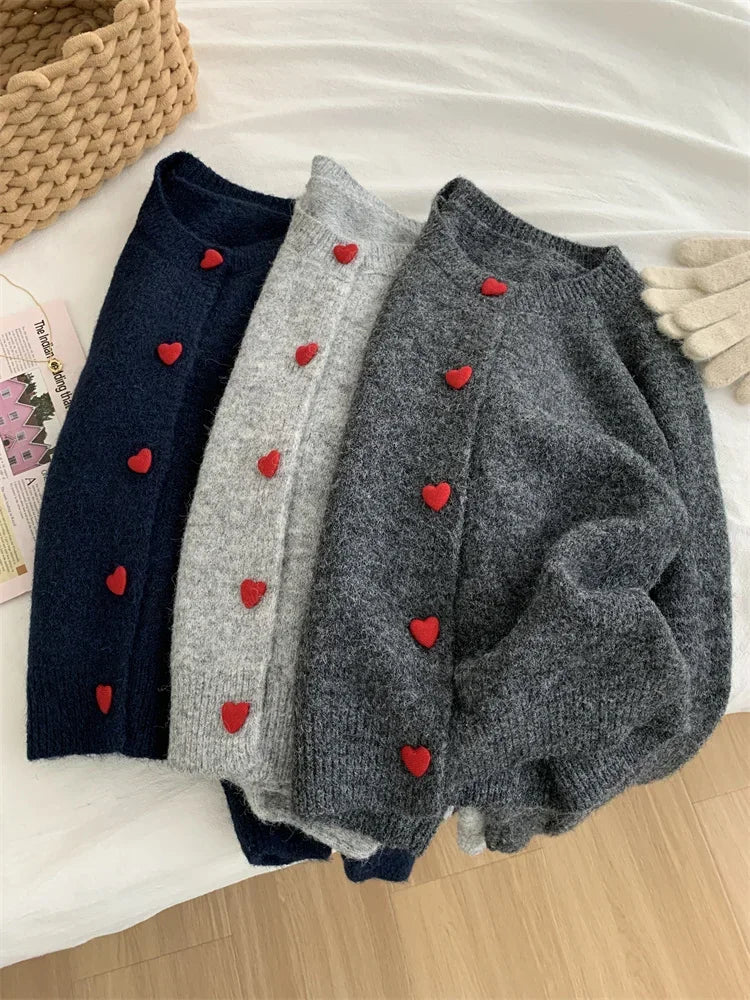 Deep Grey Wool Knitted Cardigan For Women 2026 Autumn Winter Soft And Sticky Warm Love Buckle Shoulder Sleeves