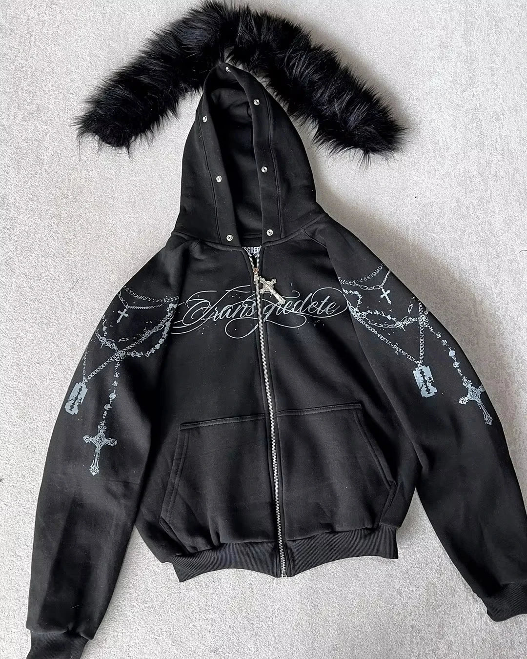 Dark Gothic Black Metal Zip Up Hoodie Distressed White Thorned Cross Gothic Text Print Oversized Cropped Unisex Streetwear