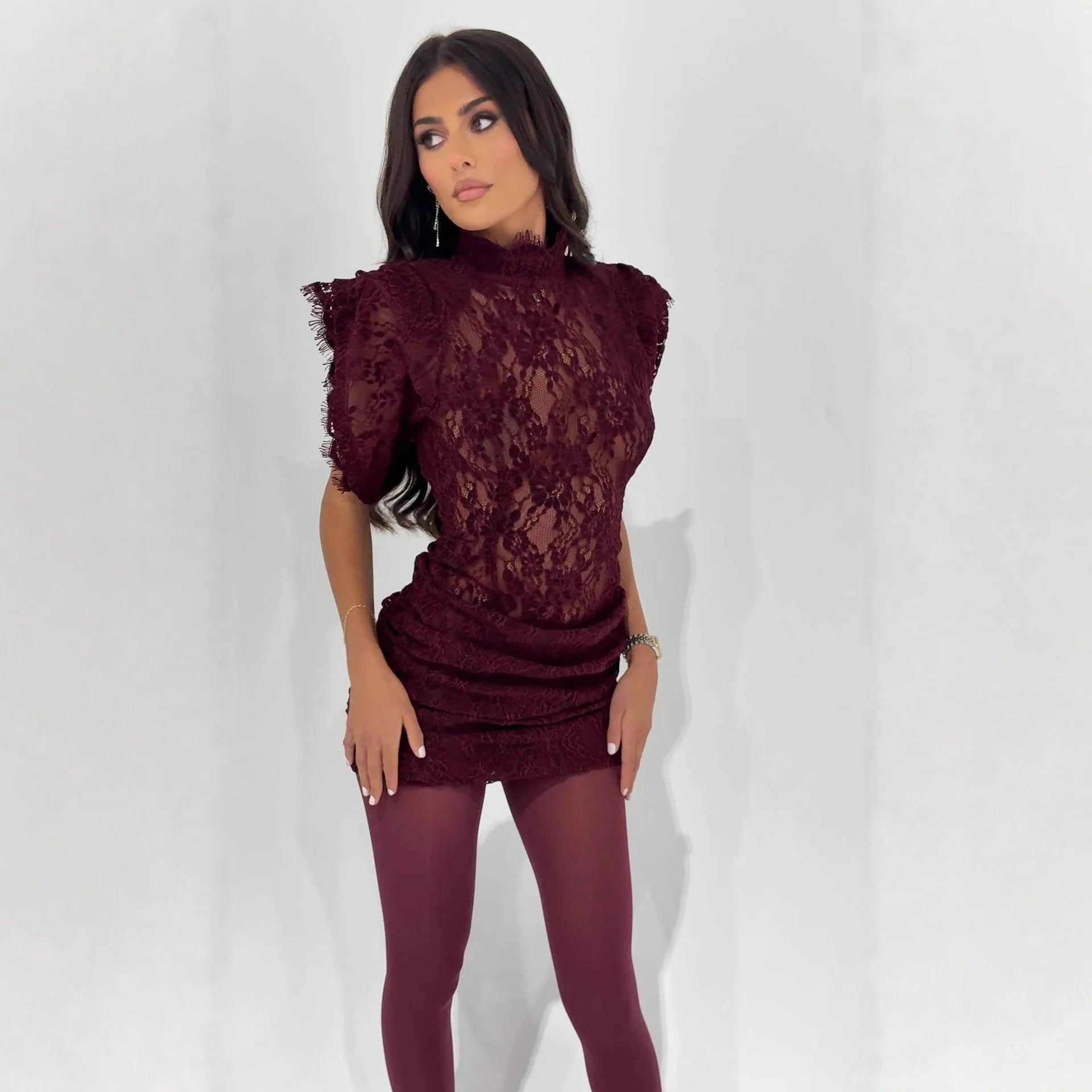 Elegant Lace Dress Fashion Retro Half High Collar Sleeveless Slim Wrap Hips Mini Dress Women's Sexy Party Dress Female Clothing