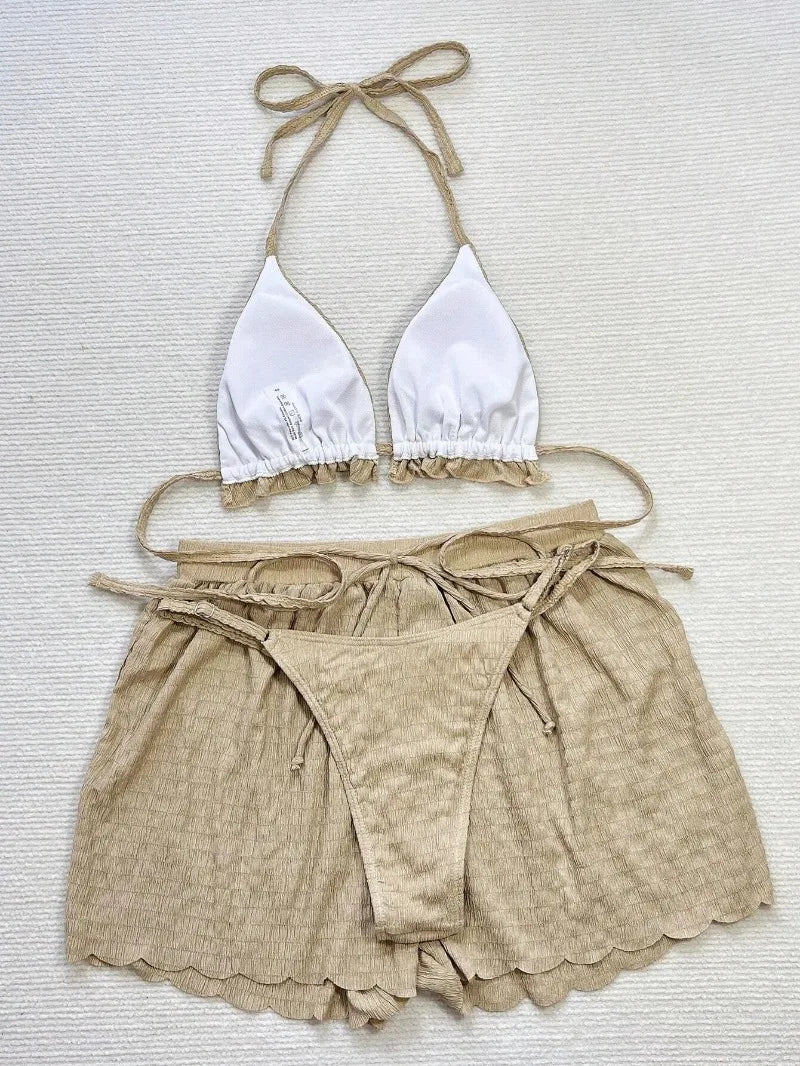 Ruffled Firlled Halter Bikini Women Swimwear Female Swimsuit Three-pieces Bikini Set with Shorts Bather Bathing Suit Women
