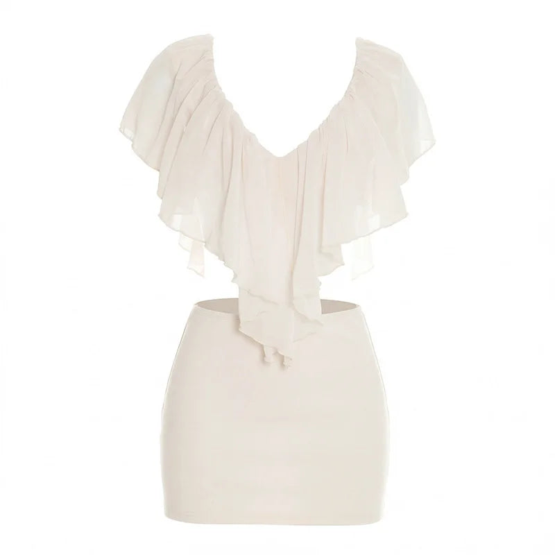 Mozision Ruffled Sexy Two Piece Set Women V Neck Sleeveless Tank Top Mini Skirt Matching Sets Female Club Party Dress Sets