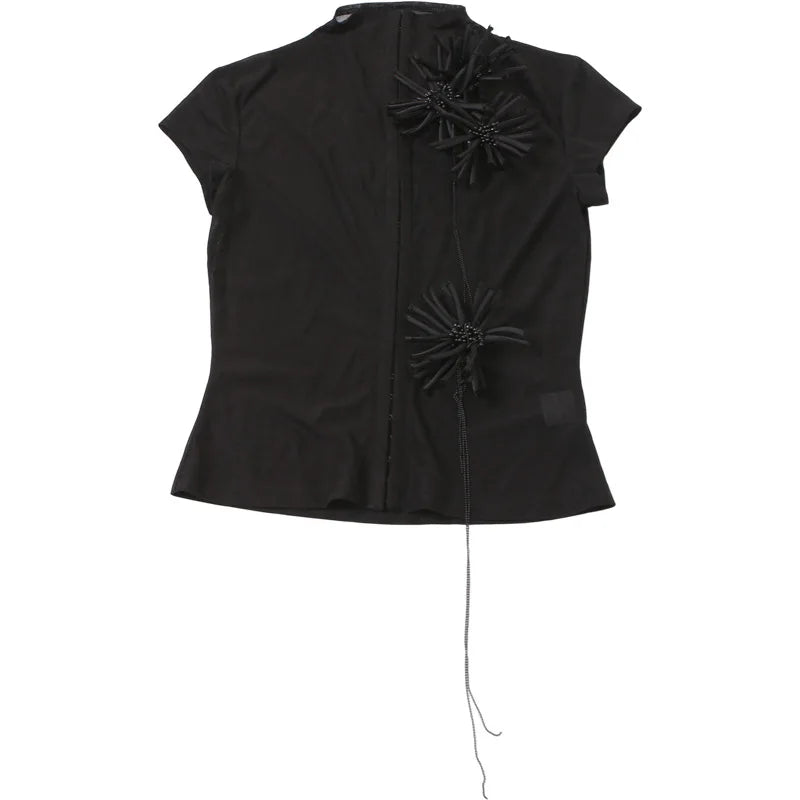 BOOFEENAA Sexy Mesh Sheer Black Shirts & Blouses 3d Flower Appliques Turtleneck Short Sleeve Crop Tops Cardigan C83-DE16