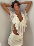 Mozision Ruffled Sexy Two Piece Set Women V Neck Sleeveless Tank Top Mini Skirt Matching Sets Female Club Party Dress Sets