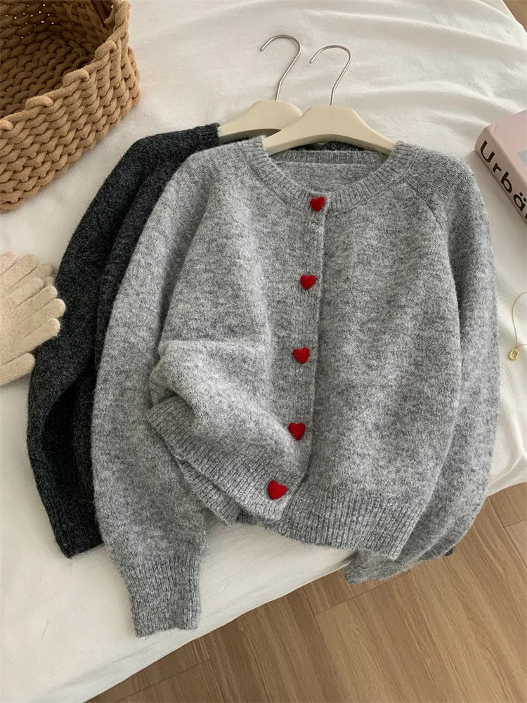 Deep Grey Wool Knitted Cardigan For Women 2026 Autumn Winter Soft And Sticky Warm Love Buckle Shoulder Sleeves