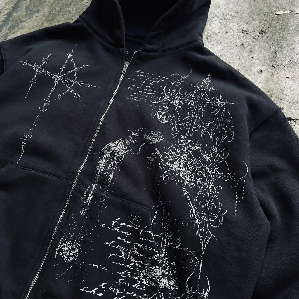 Dark Gothic Black Metal Zip Up Hoodie Distressed White Thorned Cross Gothic Text Print Oversized Cropped Unisex Streetwear