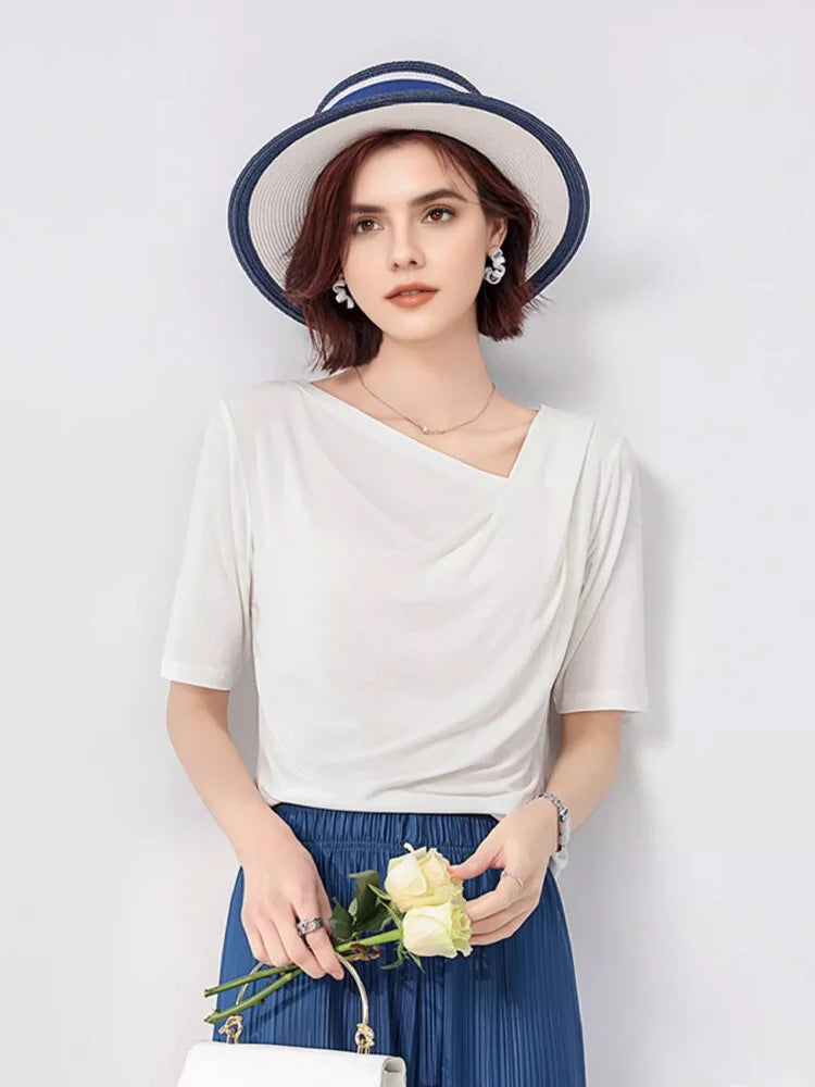 SuyaDream Women Solid T Shirt Real Silk Blend Skew Collar Summer Tee 2025 New Ribs Tops Blue Pink