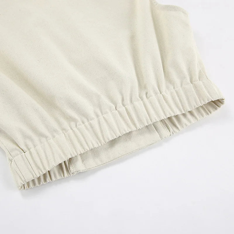 2024 Summer Women Solid Khaki Linen Tank Tops Sleeveless V-neck Vest Crop Tops For Women Female