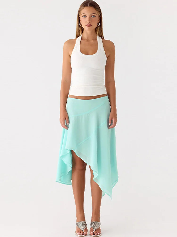 High Waist Asymmetrical Hem Midi Skirt Ruffle Flowy Irregular Hem A Line Skirts 2026 Summer Elegant Casual Vacation Chic Outwear