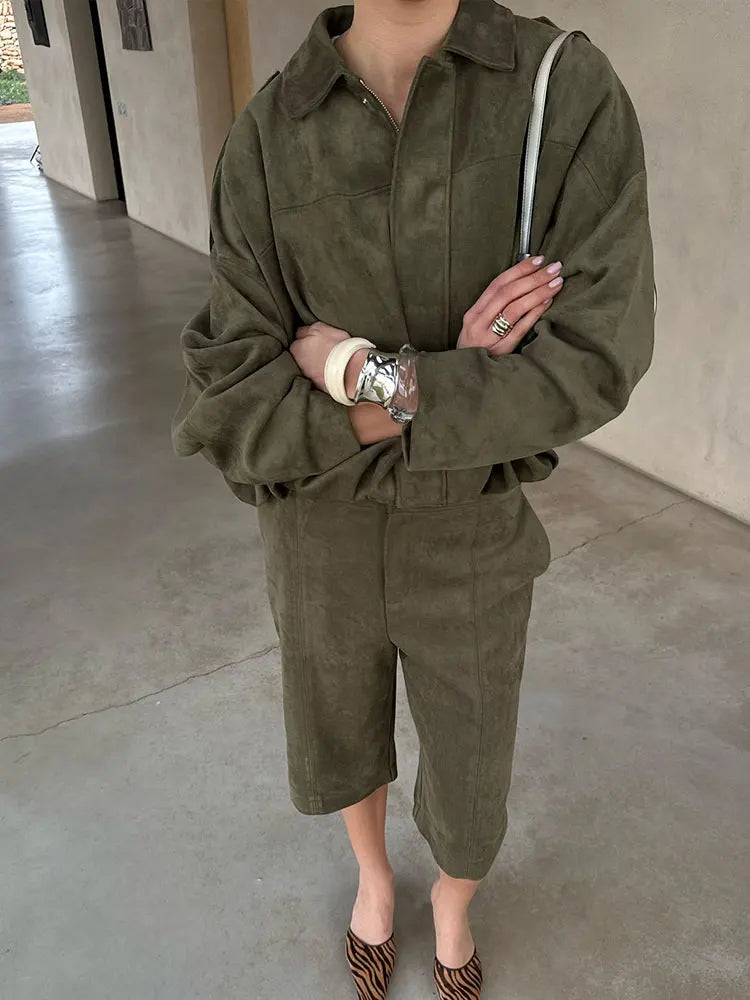 HH Spring Women Suede Coat Pant Sets Lapel Long Sleeve Zipper Jackets Casual Shorts 2025 New Fashion High Street Lady Outfit