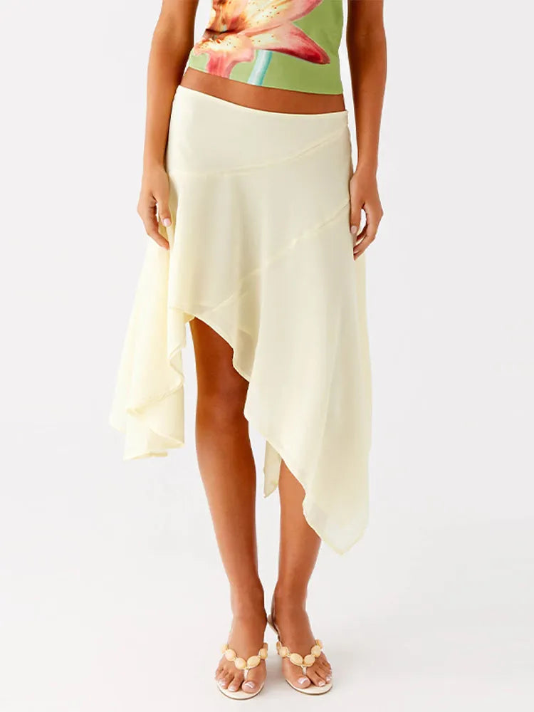 High Waist Asymmetrical Hem Midi Skirt Ruffle Flowy Irregular Hem A Line Skirts 2026 Summer Elegant Casual Vacation Chic Outwear