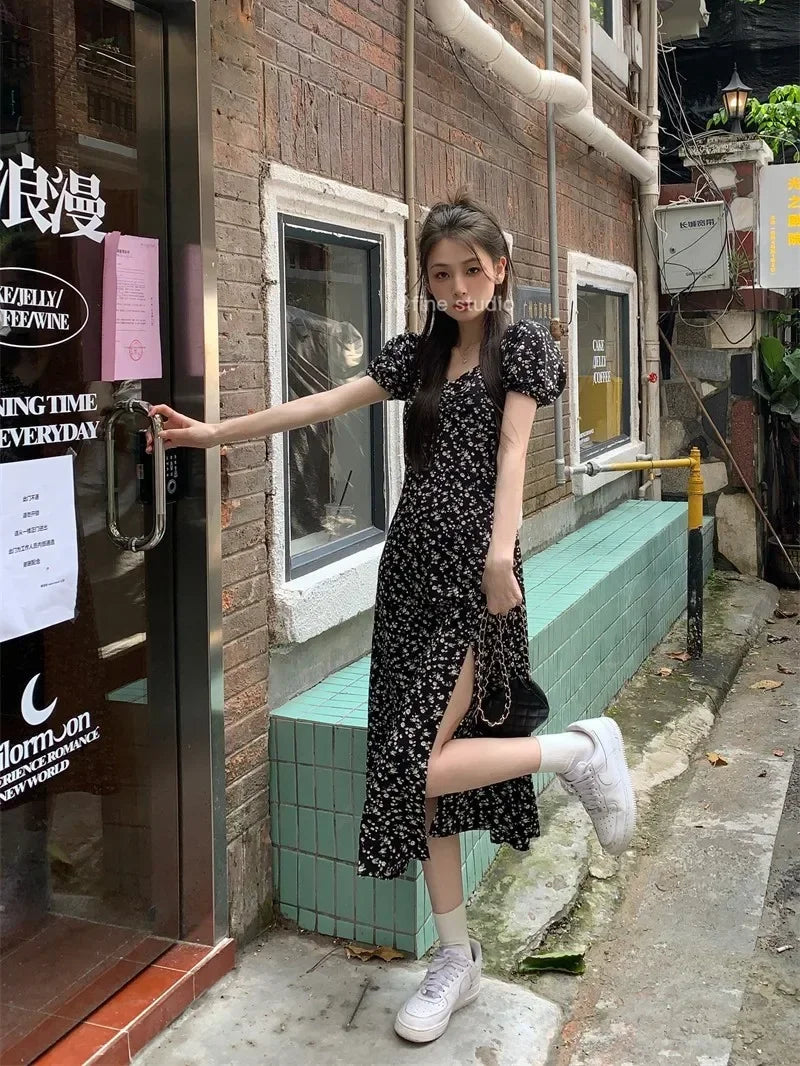 French Floral Dress for Women in Spring and Summer New Black High-end Slit Long Skirt Temperament Design Niche Tea Break