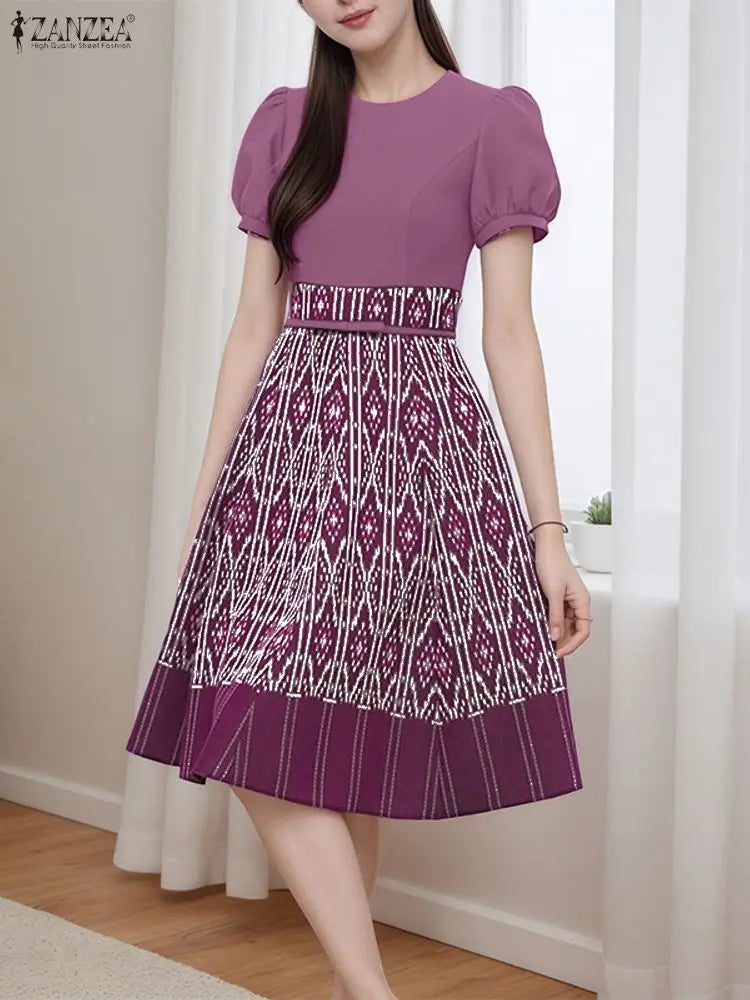ZANZEA Vintage Summer Dresses Women Elegant Party Vestido 2025 Short Sleeve Long Shirt Robe Puff Sleeve Printing A-Line Sundress