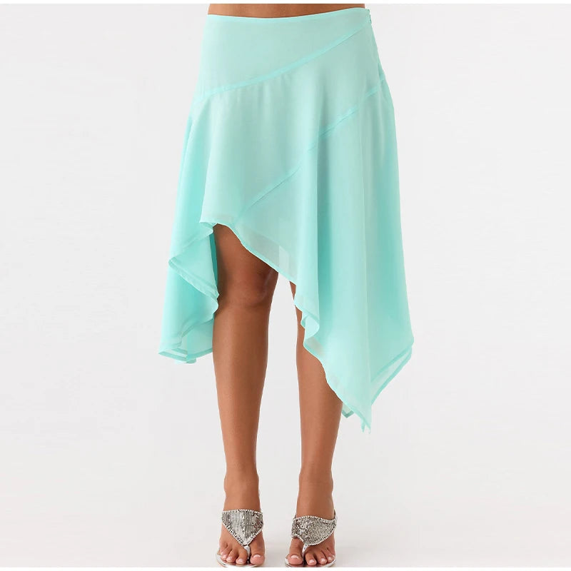 High Waist Asymmetrical Hem Midi Skirt Ruffle Flowy Irregular Hem A Line Skirts 2026 Summer Elegant Casual Vacation Chic Outwear