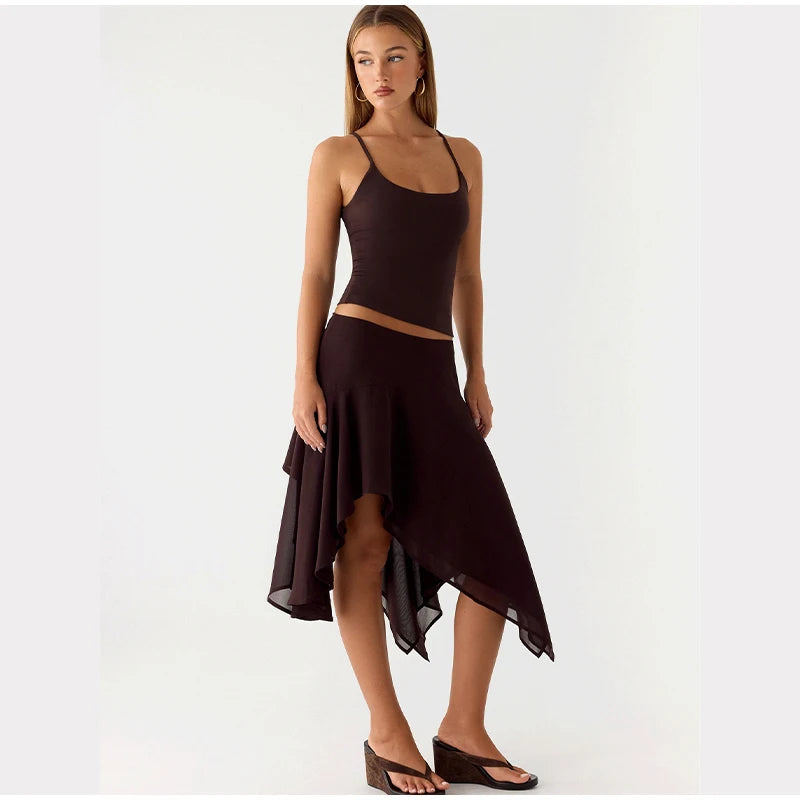 High Waist Asymmetrical Hem Midi Skirt Ruffle Flowy Irregular Hem A Line Skirts 2026 Summer Elegant Casual Vacation Chic Outwear
